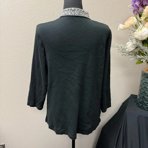 Rafaella Black Beaded Split Neck Tunic Top L Embellished 3/4 Sleeve Blouse - Picture 4 of 7